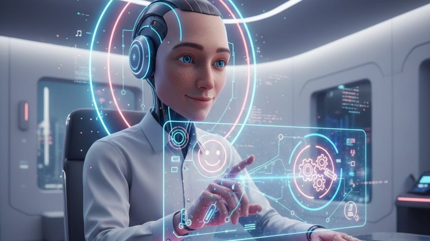 ai chatbot character providing personalized entertainment, companionship, and creative collaboration in a futuristic digital interface