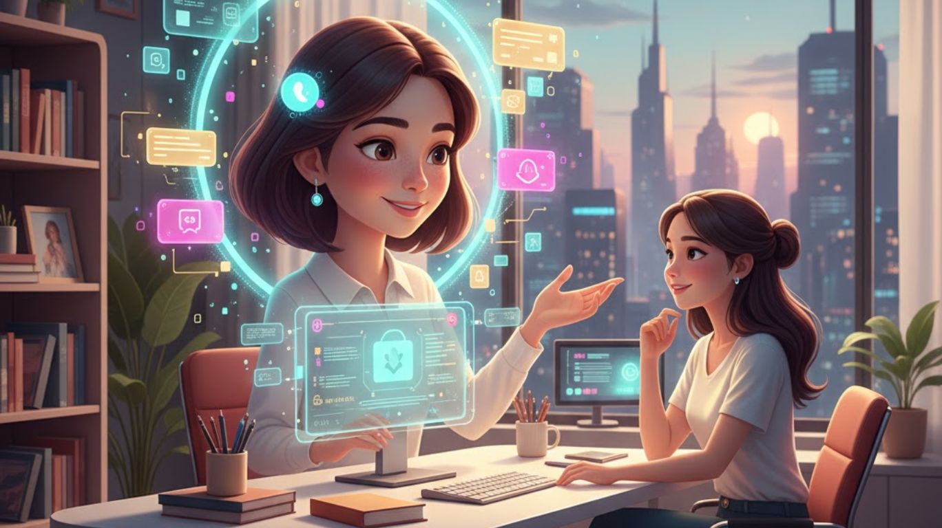 Chat AI character representing the future of human-machine interaction, showcasing artificial intelligence as a creative digital companion for learning, entertainment, and connection.