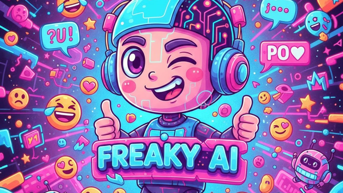 freaky ai futuristic illustration showing a playful, entertaining AI companion in a colorful digital world