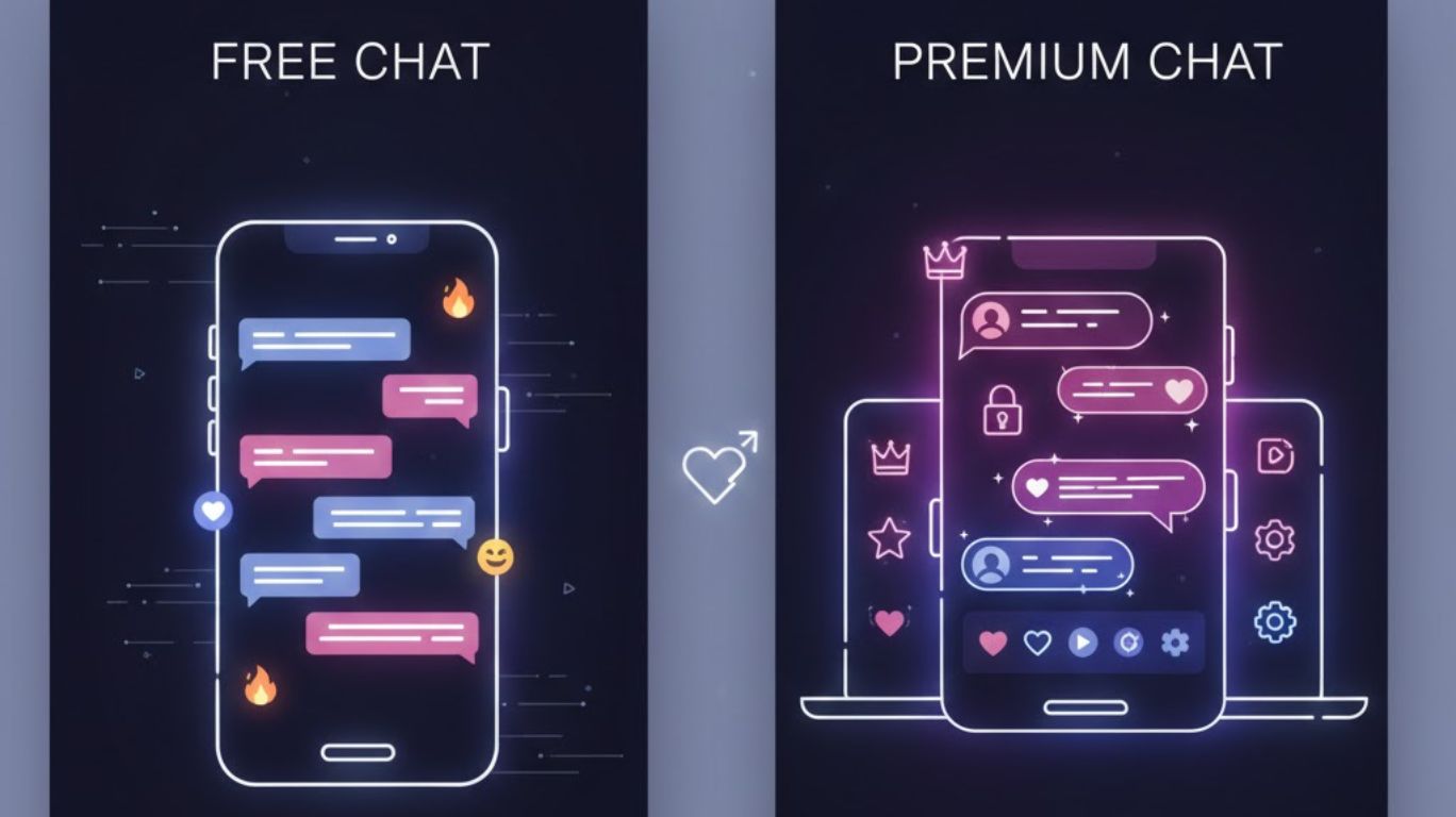 Illustration showing free porn chat features versus premium options, with glowing chat bubbles, emojis, high-quality video icons, private rooms, and advanced customization, highlighting the difference between free and upgraded adult chat experiences.