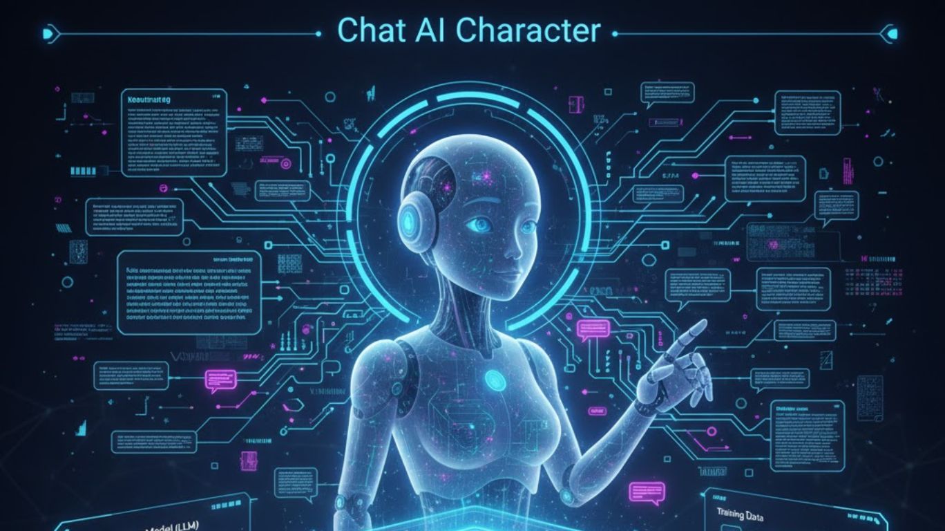 Diagram-style illustration showing how a chat AI character works using large language models and deep learning to generate intelligent, adaptive conversations.