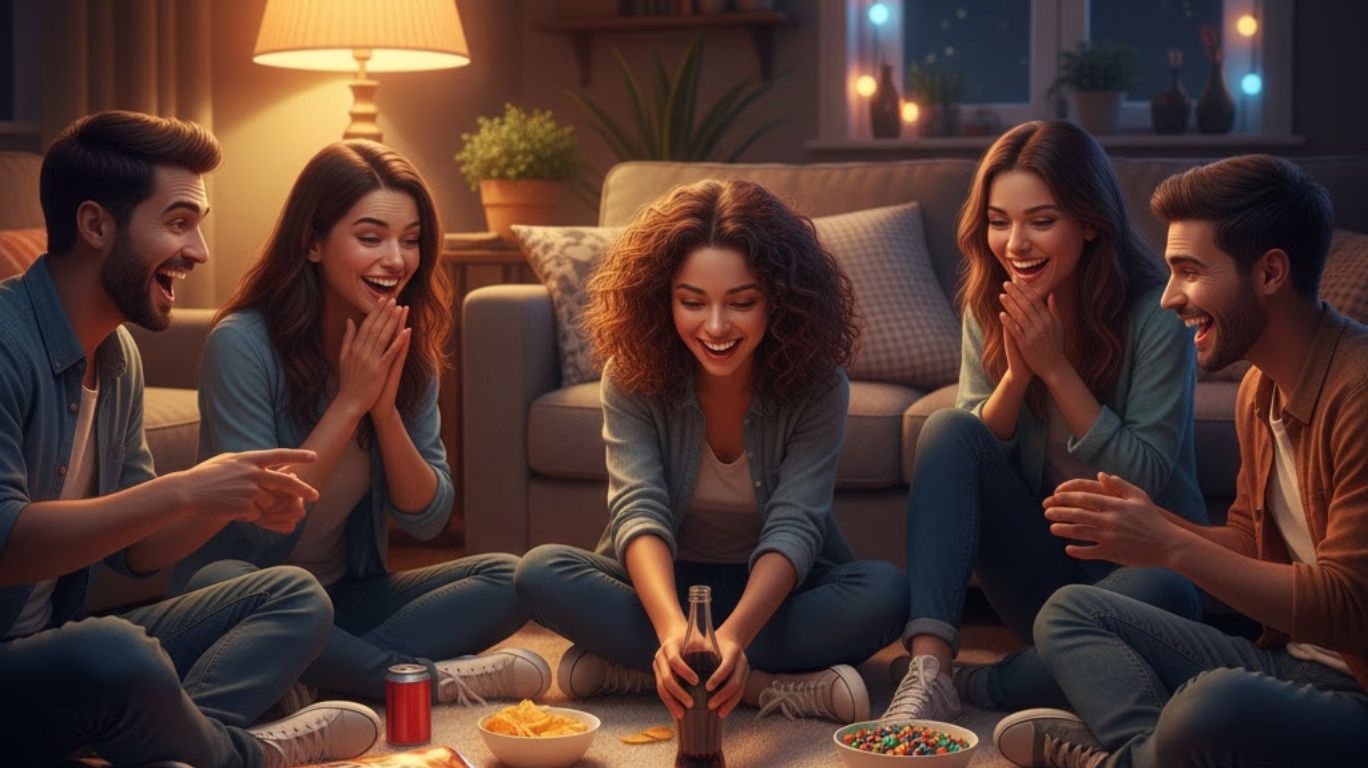 Friends playing Truth or Dares in a cozy living room, spinning a bottle to choose turns, laughing and enjoying fun dares and truth questions