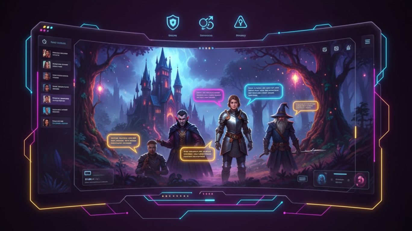 Secure roleplay chat platform interface with users interacting in a fantasy world, highlighting privacy, data protection, immersive storytelling, and user-friendly design for safe and creative roleplay chat experiences.