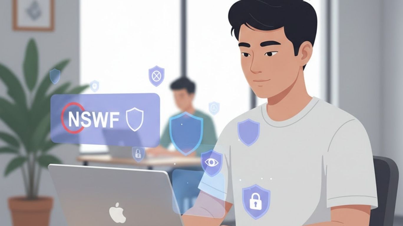 nsfw mean explained as a digital courtesy and safety warning, showing a user avoiding blurred NSFW content while browsing responsibly in a public setting