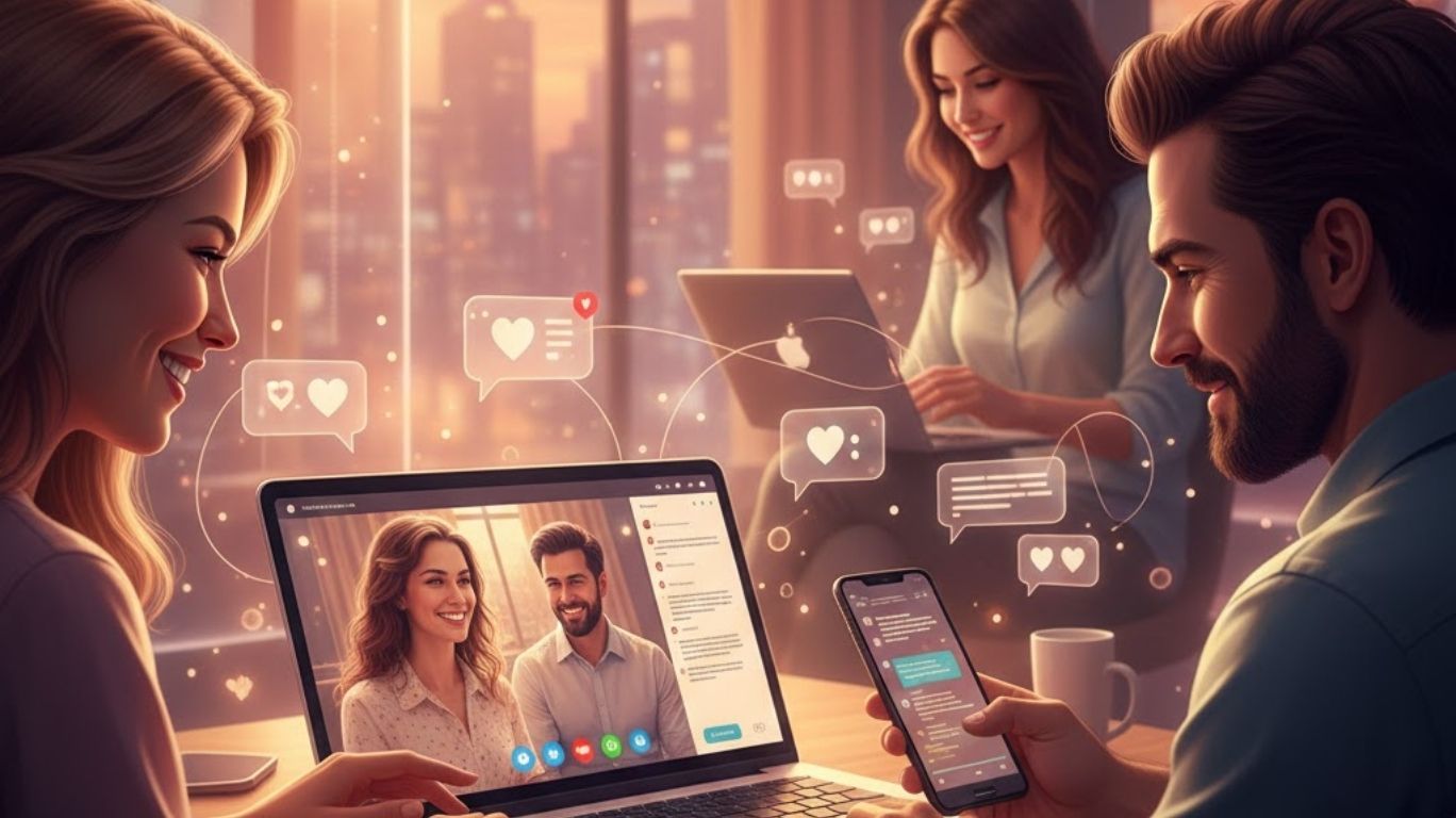 Online sex chat illustration showing adults safely connecting through laptops and smartphones, highlighting fun, flexibility, privacy, and meaningful digital interaction.