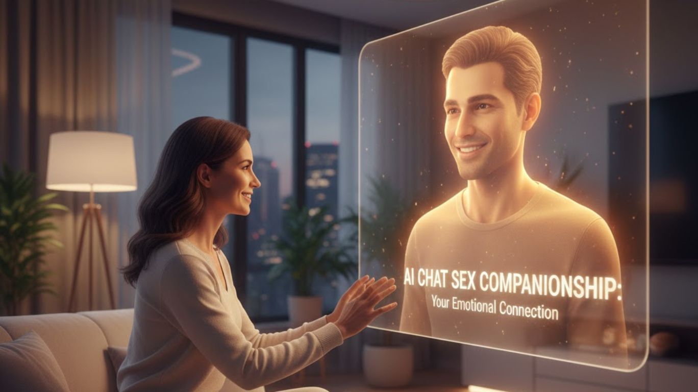 Person having a meaningful and intimate conversation with an AI avatar, representing AI chat sex companionship and human-like virtual interaction