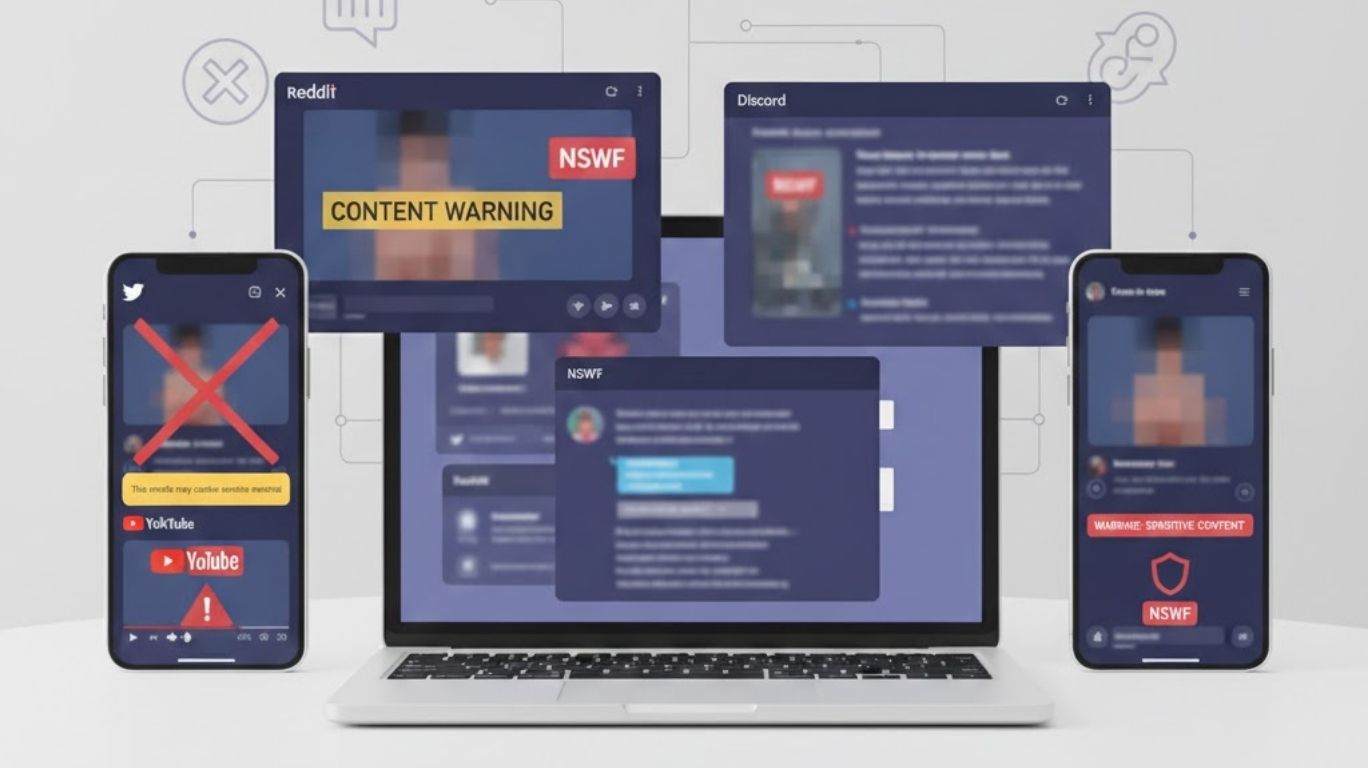 nsfw mean shown across popular platforms like Reddit, Twitter X, Discord, TikTok, YouTube, and dating apps with blurred screens and NSFW warning labels explaining where NSFW appears online