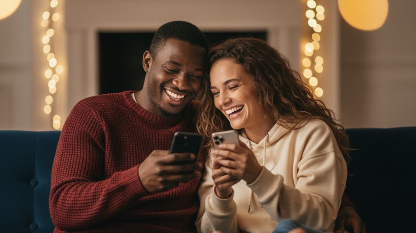 Dirty chat in relationships illustration showing a couple playfully texting each other, enhancing emotional connection, affection, and intimacy.