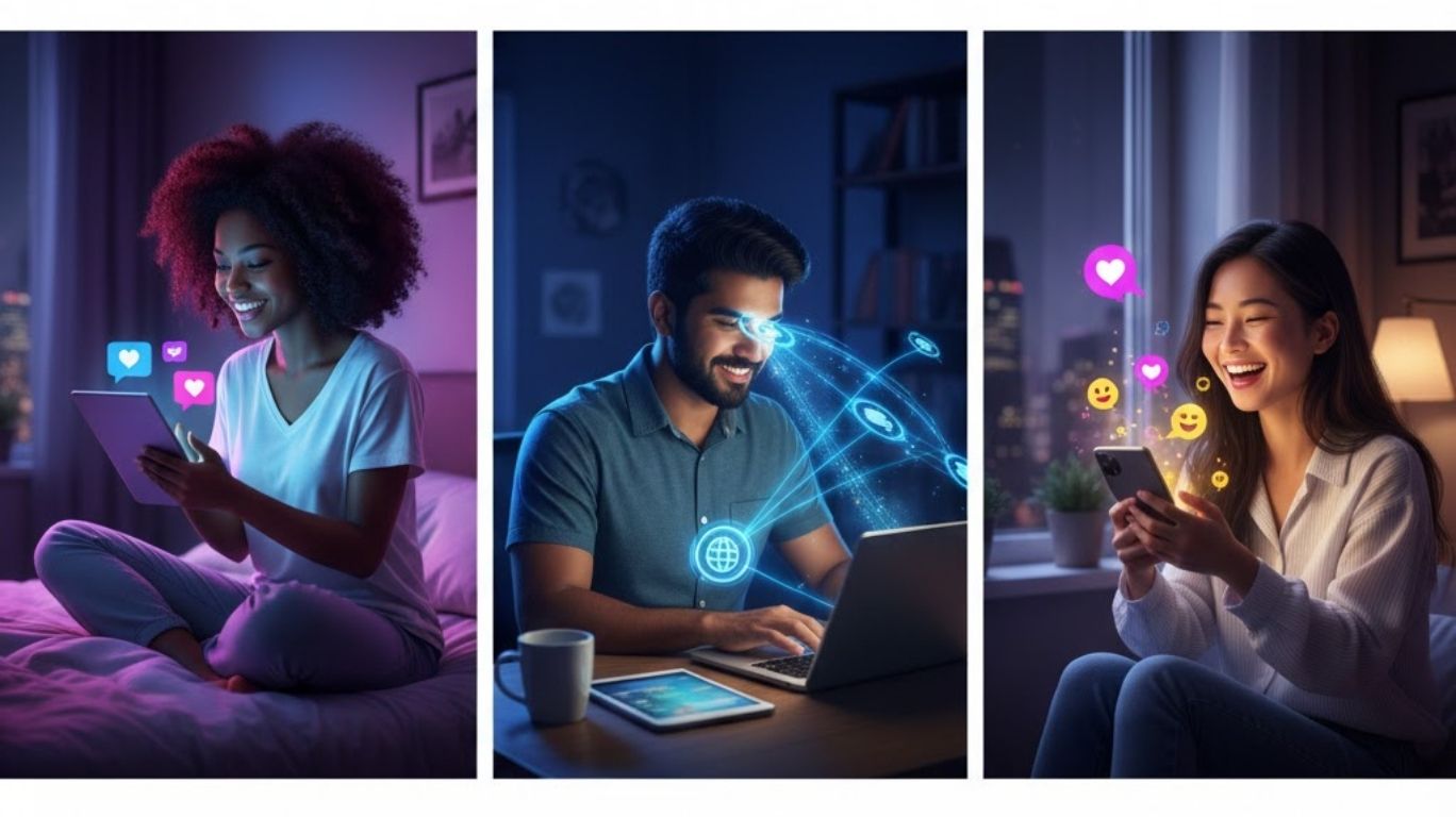 Online sex chat illustration showing diverse adults connecting safely through smartphones, tablets, and laptops, highlighting freedom, convenience, global interaction, and playful intimacy.