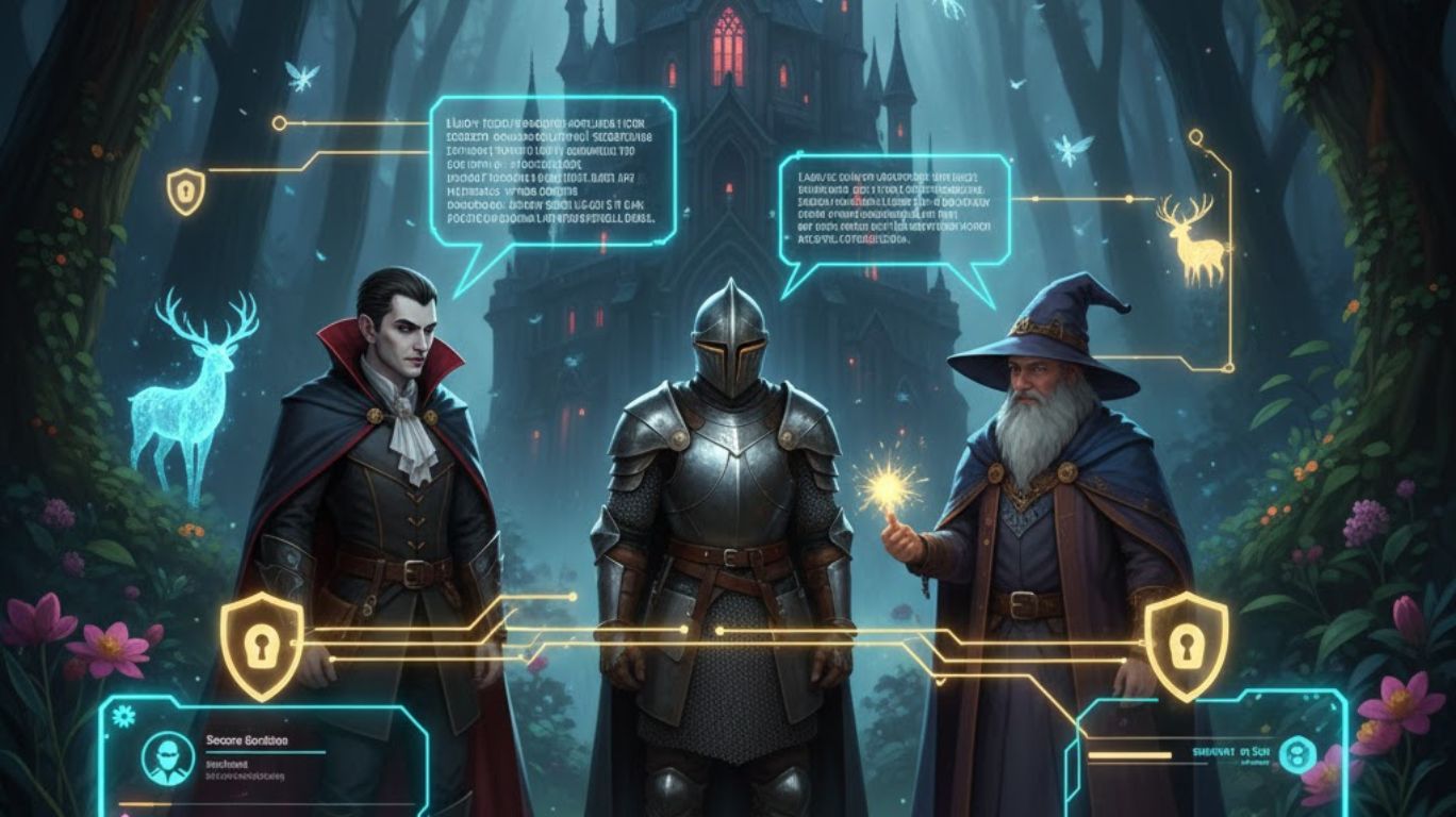 Secure roleplay chat platform with users safely interacting in a fantasy world, highlighting privacy, data protection, and immersive storytelling for a safe and fun roleplay chat experience.