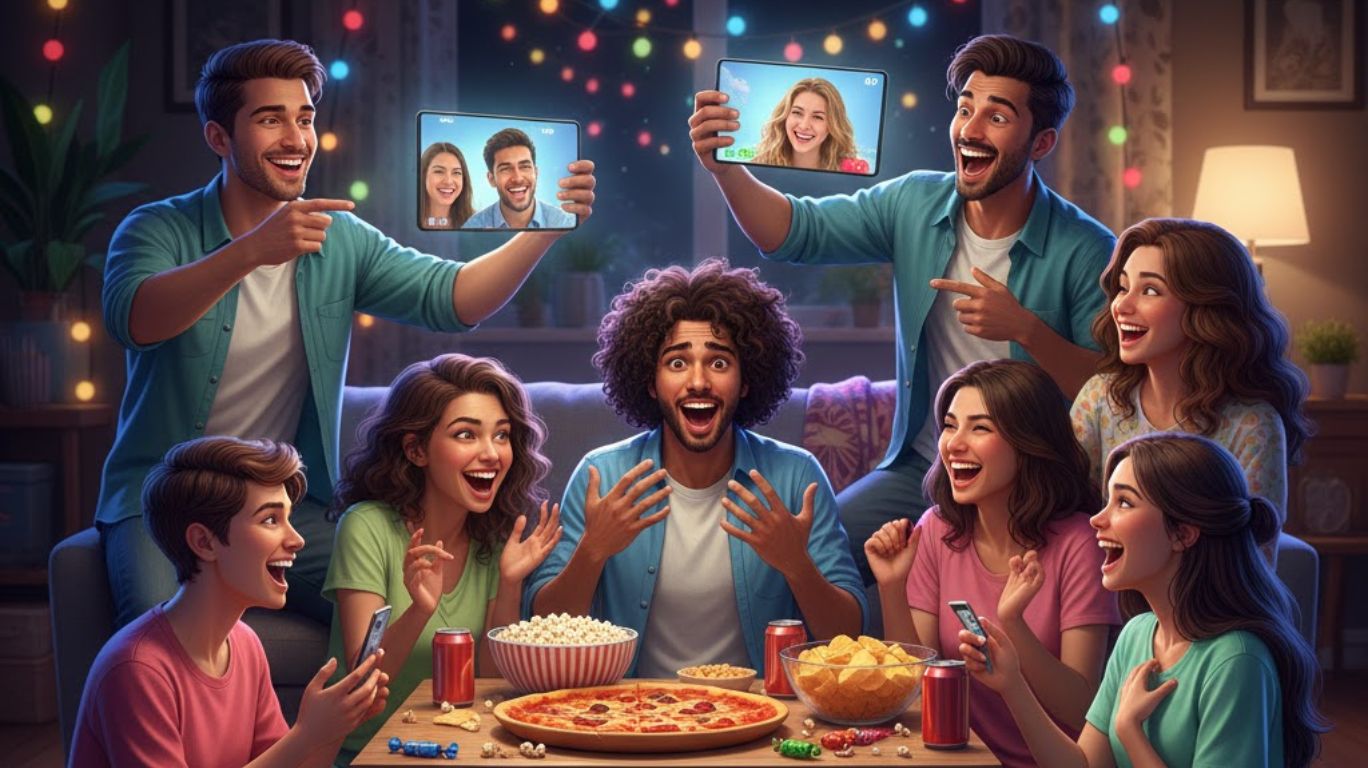 Friends enjoying a spicy game of Truth or Dares at a sleepover, laughing and reacting to daring challenges, with virtual players joining via phones