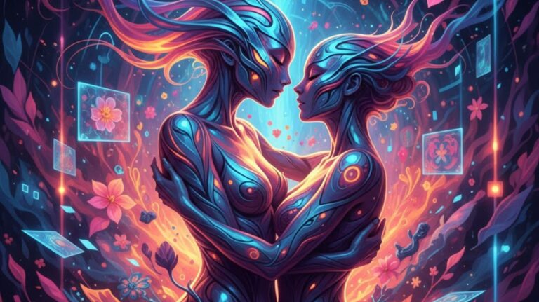 AI art porn illustration showcasing futuristic adult-themed digital art, vibrant colors, neon lighting, and imaginative fantasy characters, designed as a featured blog image.