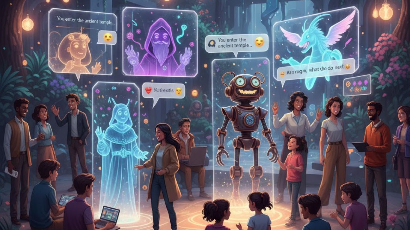 People engaging in ai chat and roleplay with intelligent virtual avatars, showcasing creative conversations, learning, and interactive AI experiences.