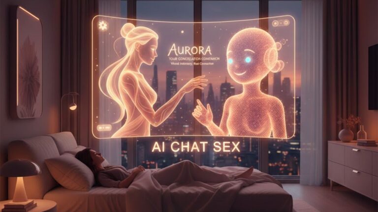 A person engaging in a virtual conversation with an AI avatar in a cozy, futuristic environment, illustrating AI chat sex companionship and digital intimacy trends