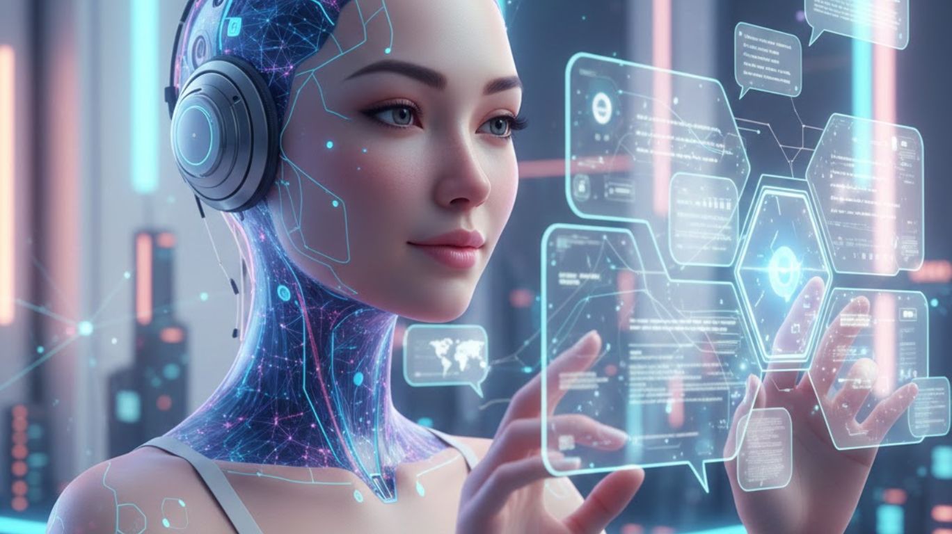 ai chatbot character displayed as a lifelike digital personality interacting through a futuristic conversational interface for artificial intelligence blogs