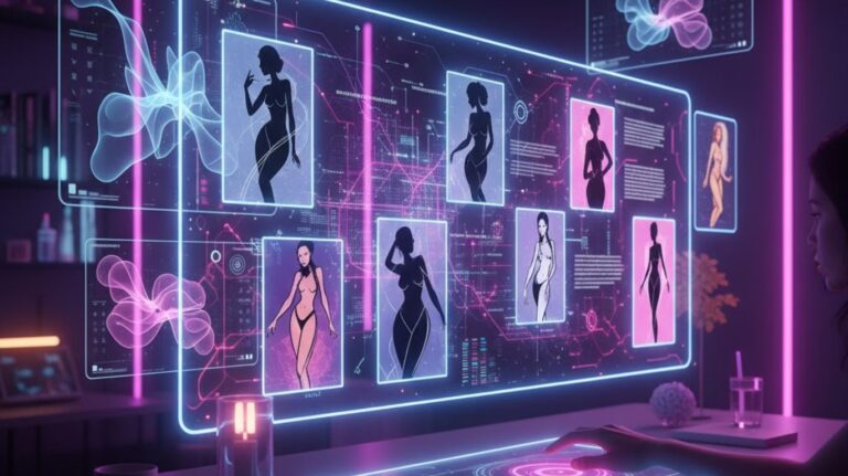 Futuristic digital artwork showcasing a private AI art creation interface with abstract sensual designs, representing creativity and customization using an ai nsfw generator.