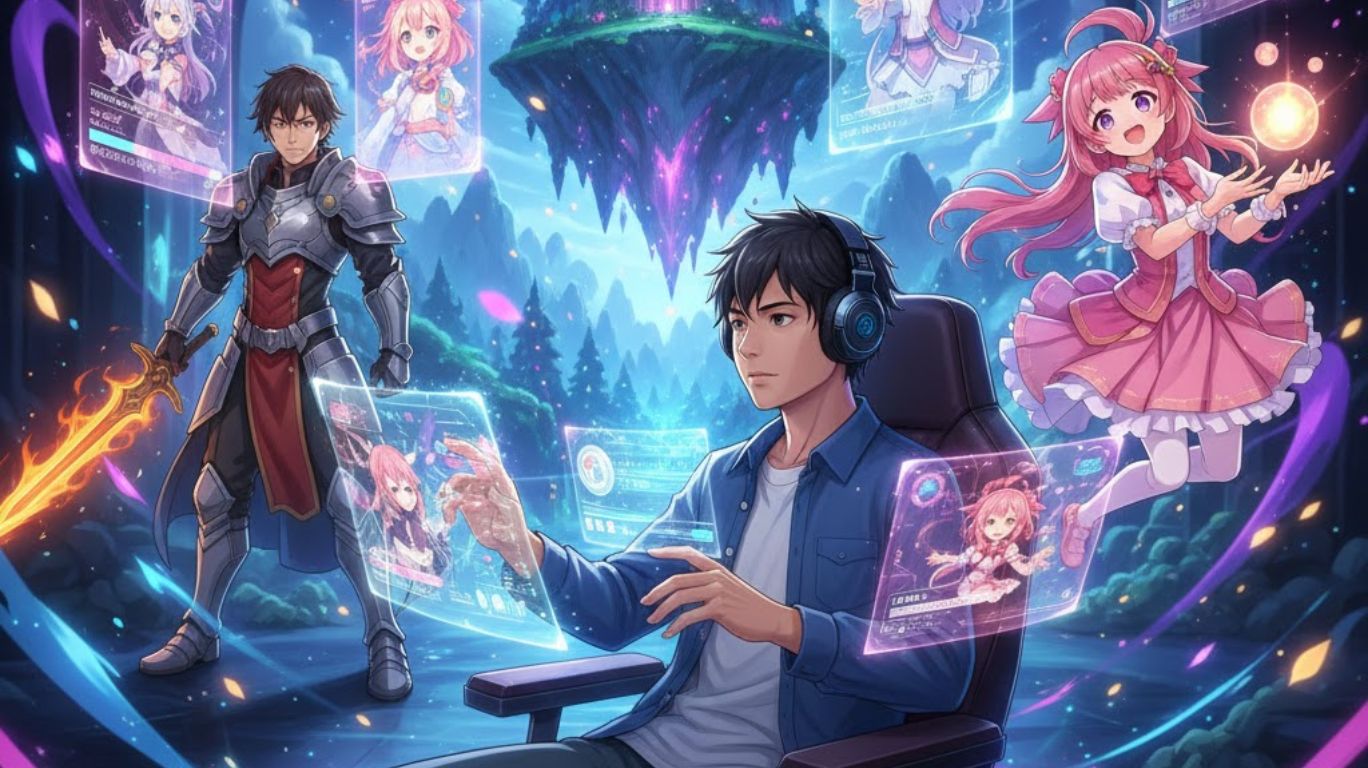 Anime AI chat illustration of a user interacting with multiple anime characters in a vibrant, magical world, showcasing immersive and interactive anime experiences.