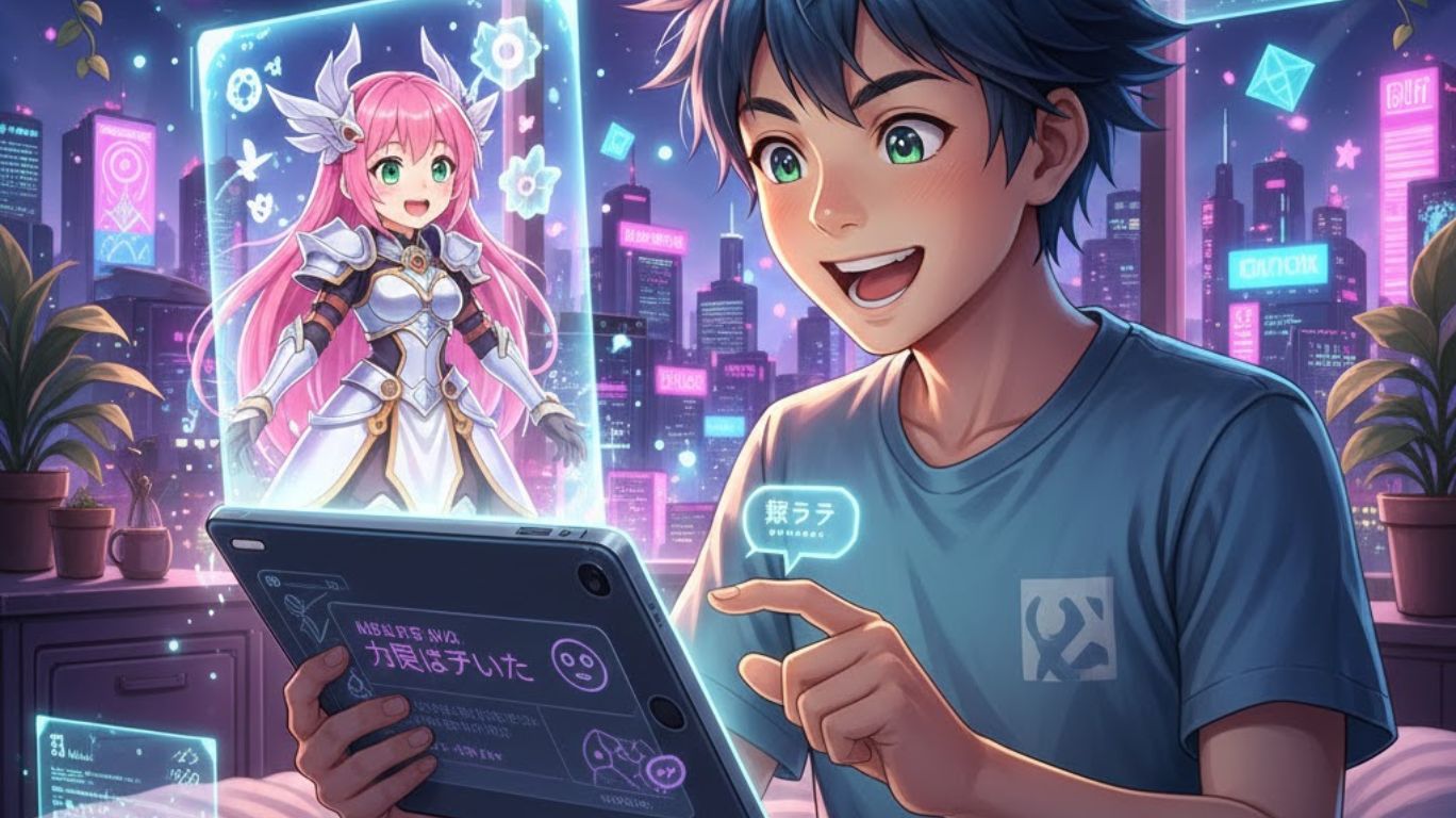 Anime AI chat scene with a user interacting with a holographic anime character, colorful and vibrant digital art, showcasing futuristic and interactive storytelling.