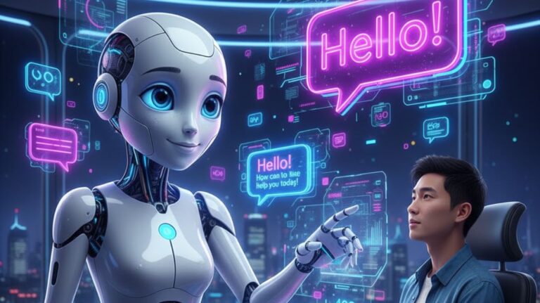Chat AI character engaging in a realistic digital conversation with a user through a futuristic interface, showcasing advanced artificial intelligence, adaptive personality, and immersive interactive technology.