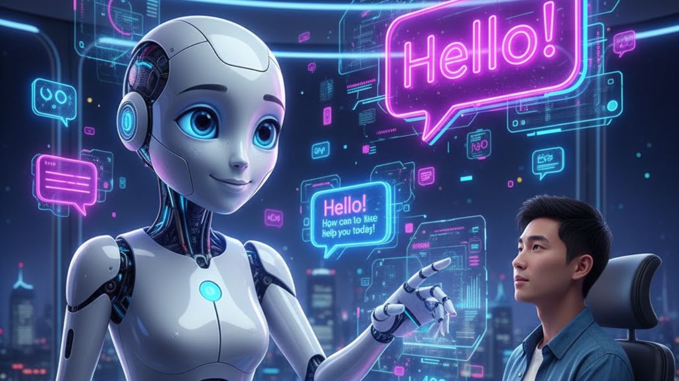 Chat AI character engaging in a realistic digital conversation with a user through a futuristic interface, showcasing advanced artificial intelligence, adaptive personality, and immersive interactive technology.