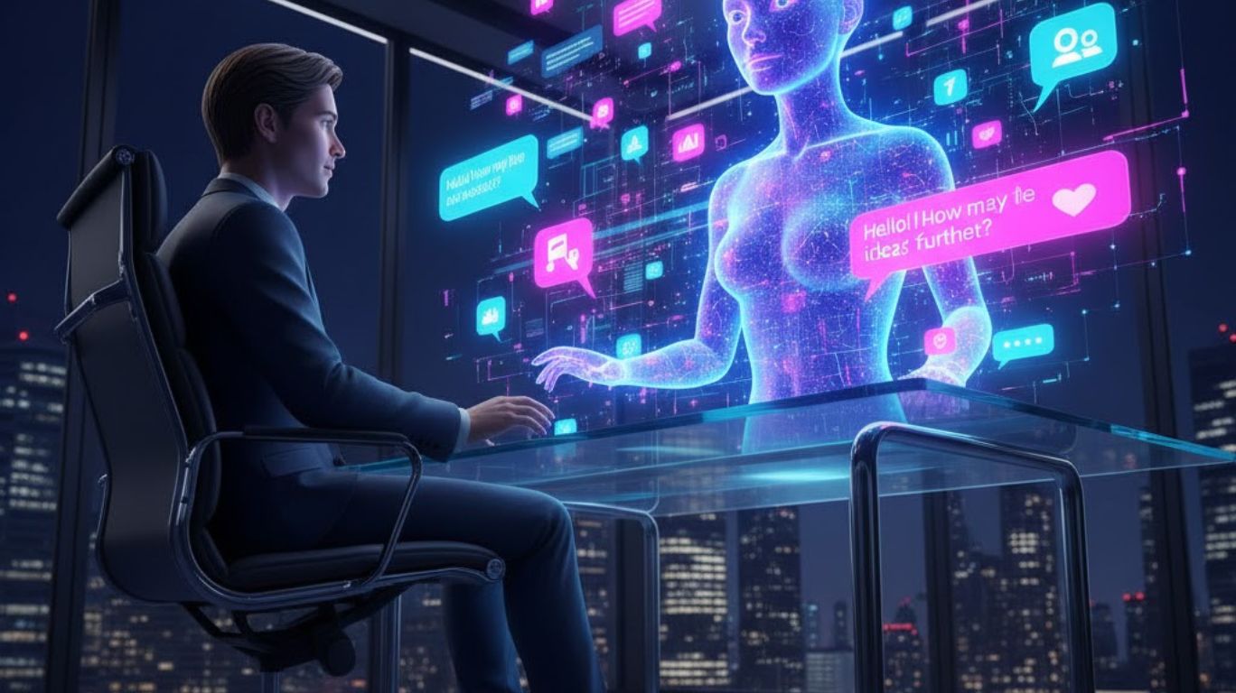 A person chatting with an AI assistant in a futuristic digital environment, showcasing AI-powered conversation, glowing chat bubbles, and seamless human-AI interaction, illustrating the concept of chat on AI.