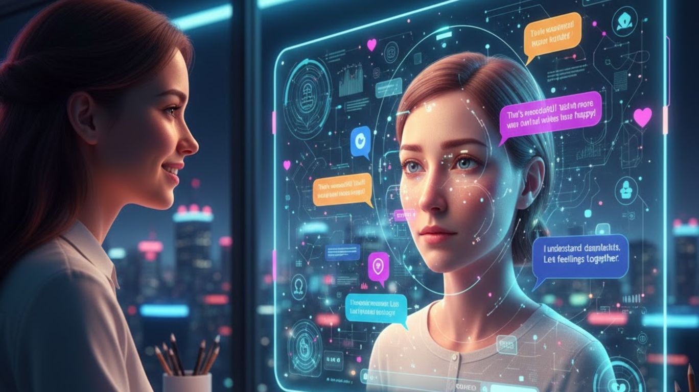 A human interacting with an emotionally intelligent AI chatbot, with holographic chat bubbles showing empathy and emotional responses, illustrating the future of AI chat and the concept of chat on AI.