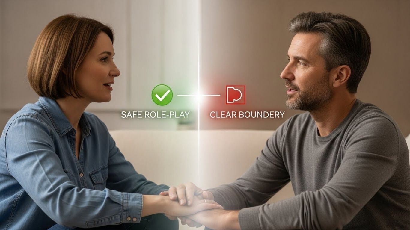 cnc meaning relationship shown through an educational image emphasizing ongoing consent, emotional safety, and clear boundaries between healthy role-play and harmful behavior