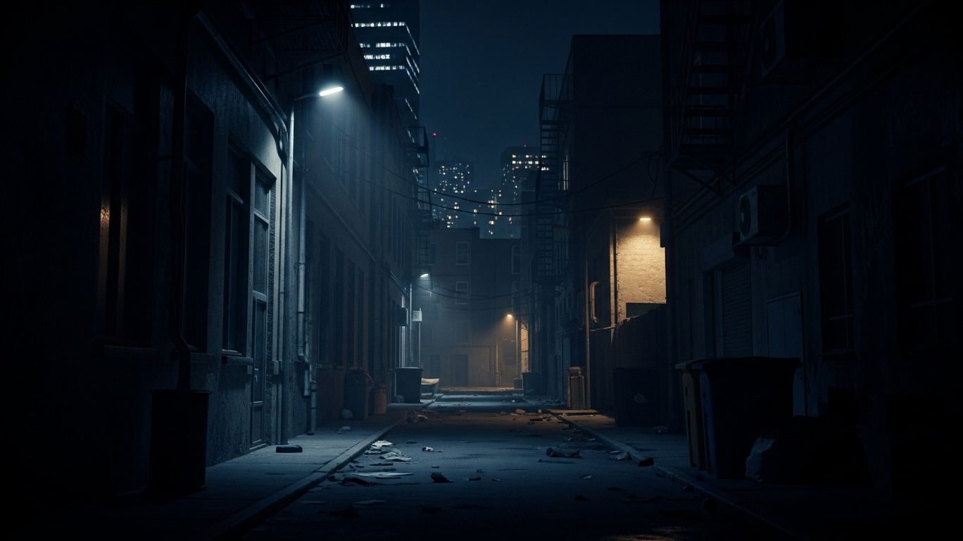 Dark alleyway at night partially illuminated by artificial lights, showing the effects of light pollution on urban streets and shadows, emphasizing the hidden cost of excessive street lighting.