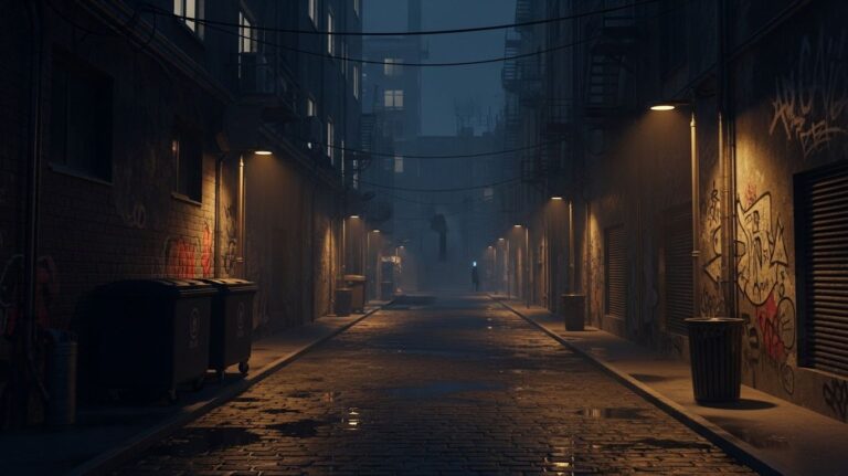 Dimly lit dark alleyway at night with moody streetlights, wet cobblestones, graffiti walls, and a mysterious shadowy figure, illustrating the hidden dangers and perception of urban streets.