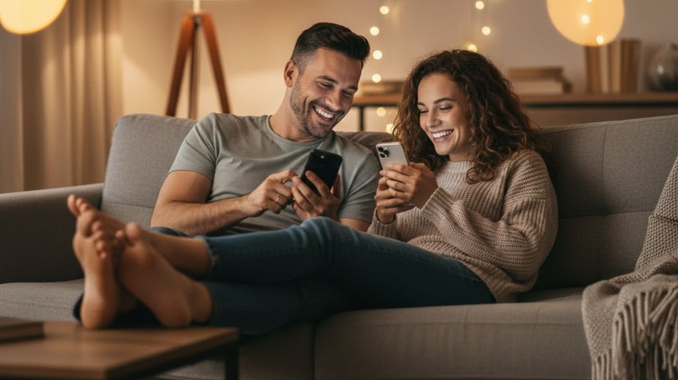 Dirty chat concept image showing a couple enjoying playful, flirtatious messaging that builds emotional intimacy, confidence, and connection through words.