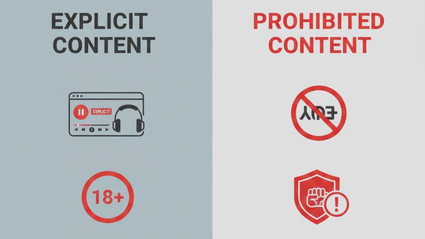 Infographic explaining the explicit content meaning by comparing allowed explicit content with prohibited content banned by platform policies.