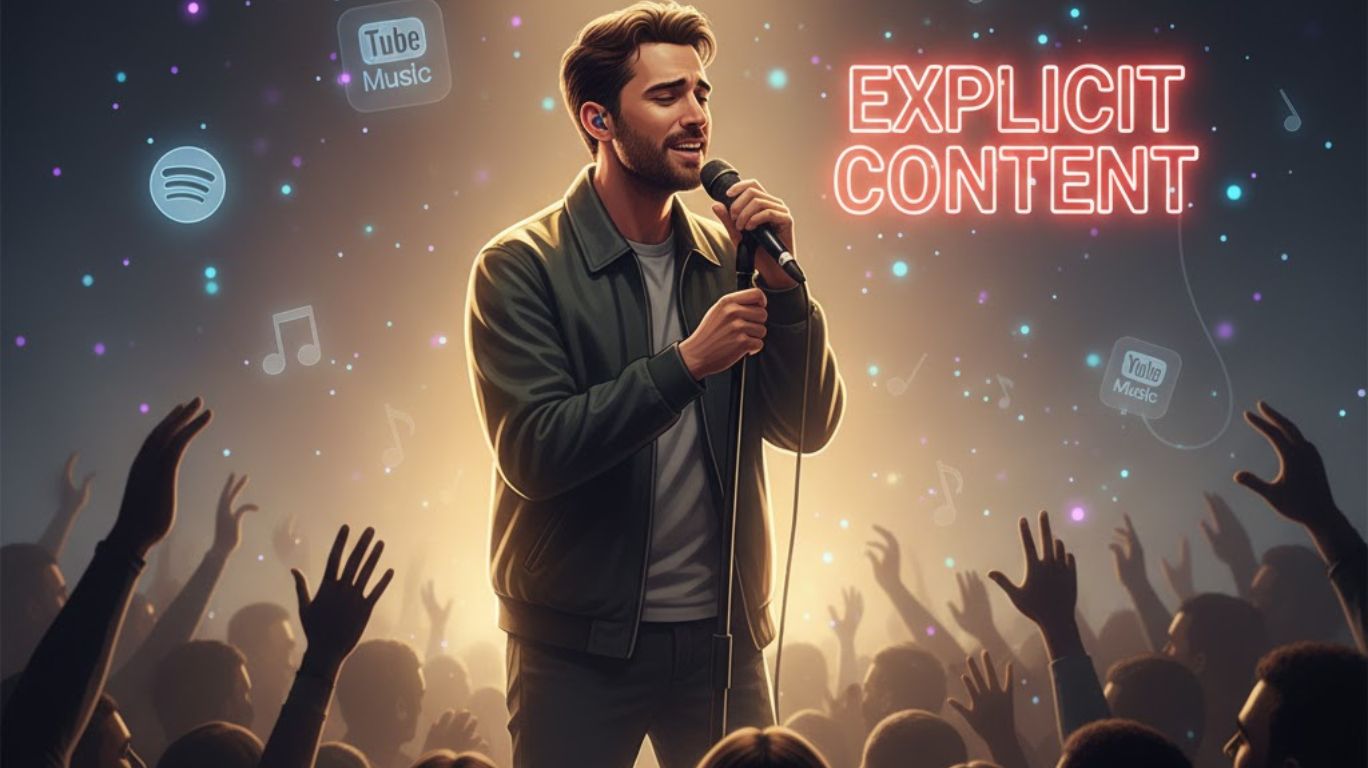 Image showing an artist expressing real emotions on stage, illustrating the explicit content meaning and how it helps artists connect with audiences responsibly.