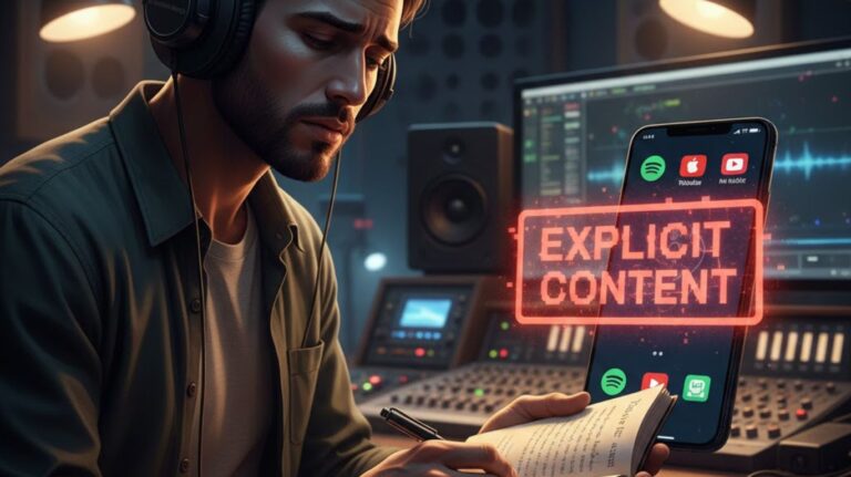 Illustration showing a music artist creating emotional lyrics in a studio alongside an explicit content warning on streaming platforms, explaining the explicit content meaning in modern music.
