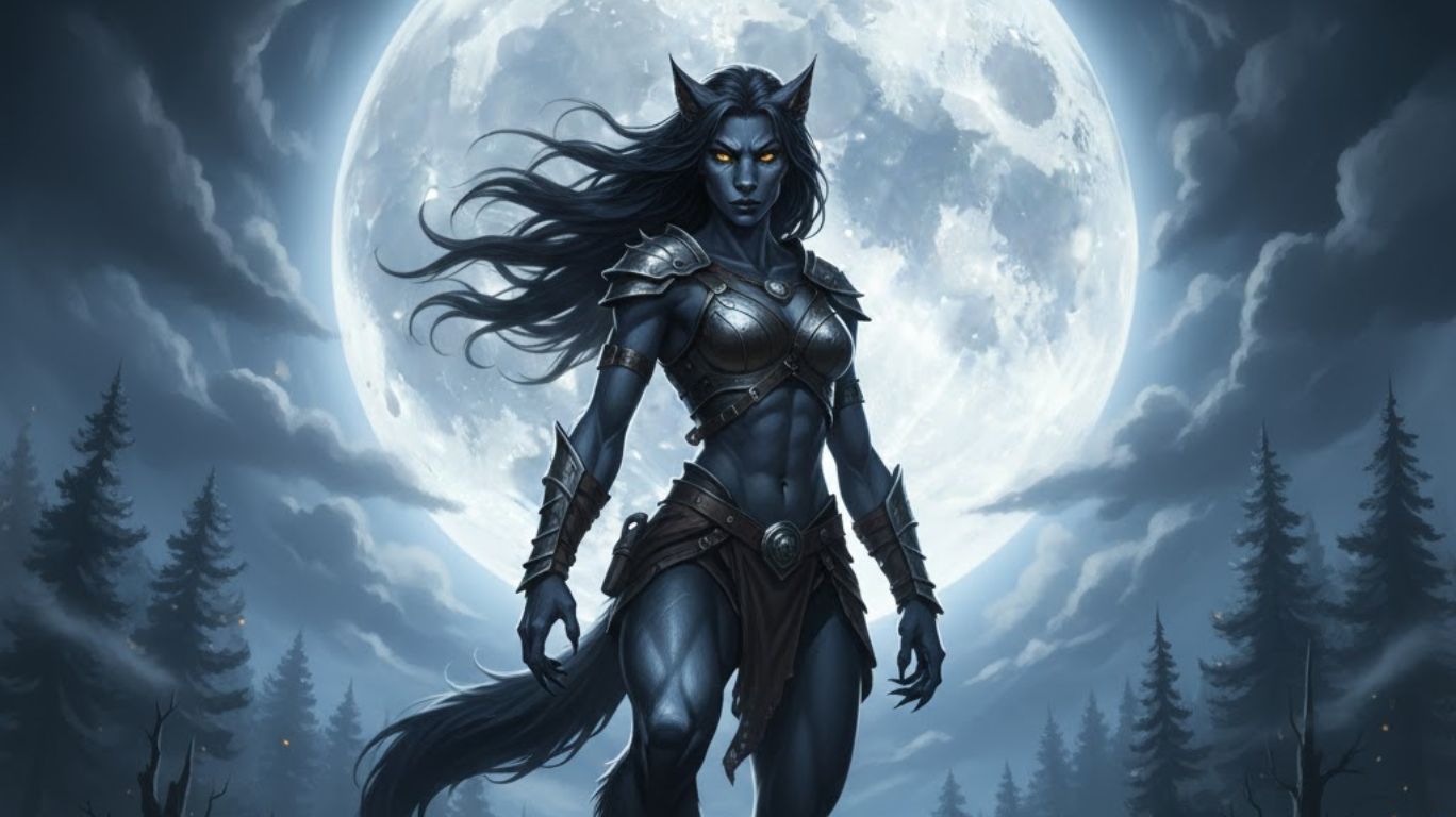 Female werewolf on a cliff under a full moon, glowing eyes and wild hair highlighting her strength, transformation, and primal allure in a mystical fantasy setting