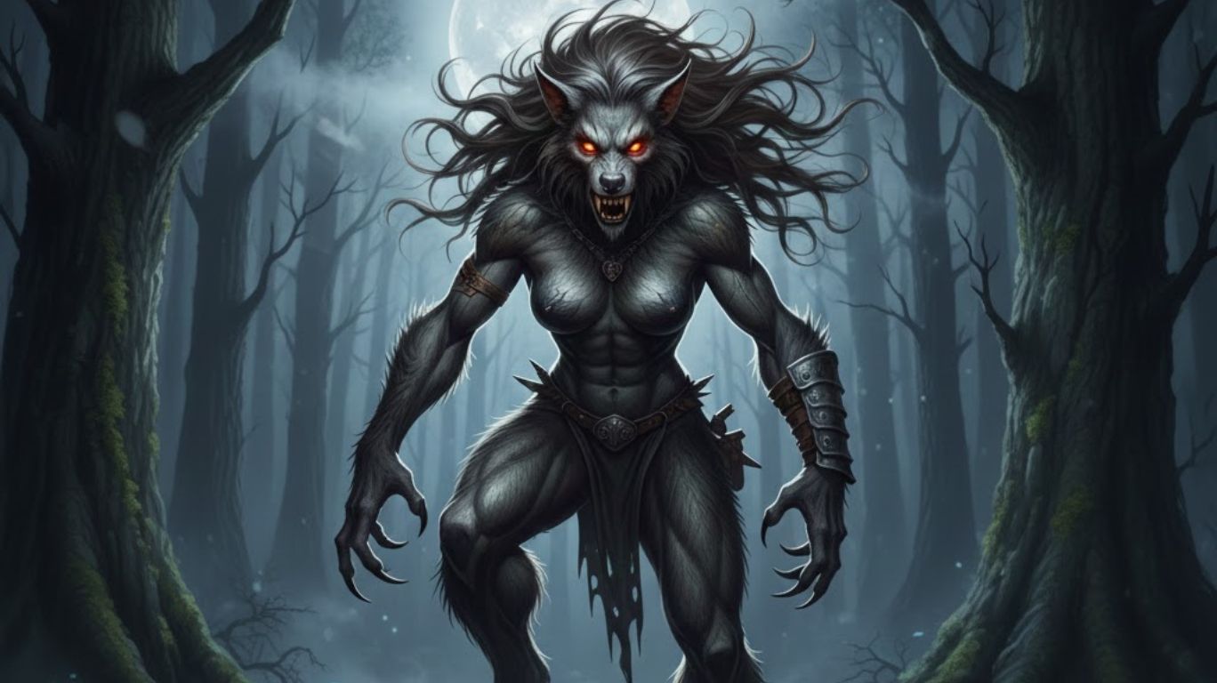 Female werewolf with glowing eyes under a full moon in a dark forest, showing sharp claws and a powerful, mystical presence in a fantasy horror scene.