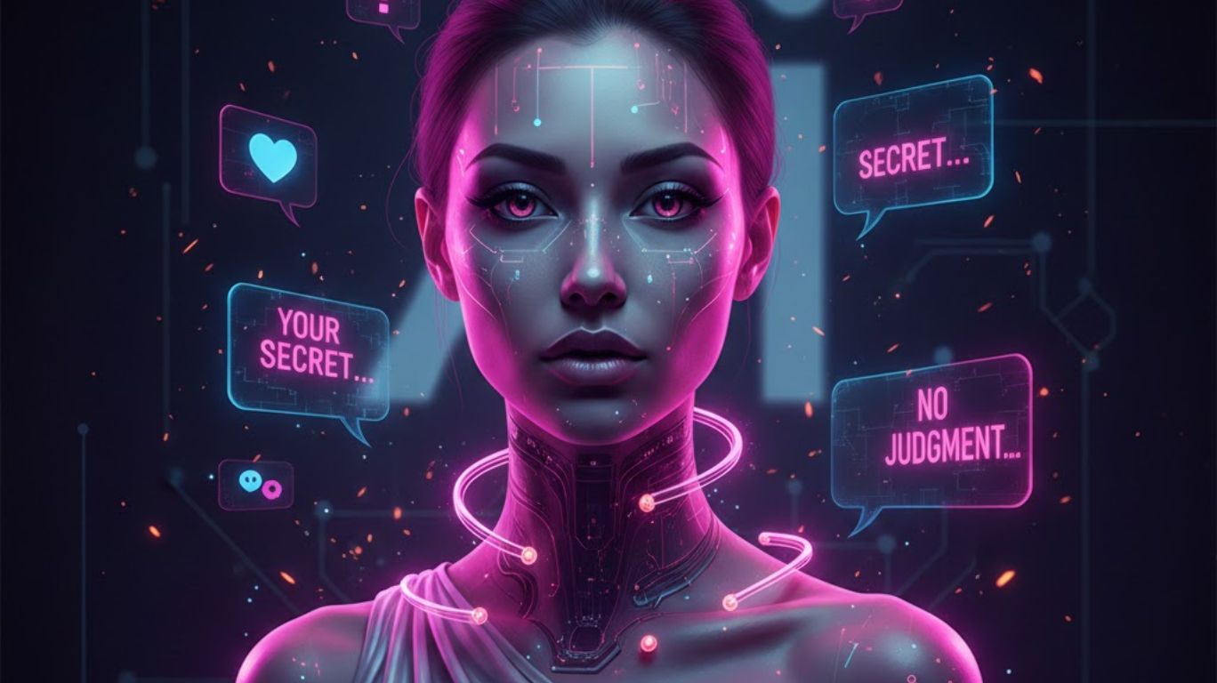 nsfw ai chat bot featured image showing a sensual futuristic AI avatar with glowing chat icons, representing private, judgment-free adult conversations and immersive digital roleplay
