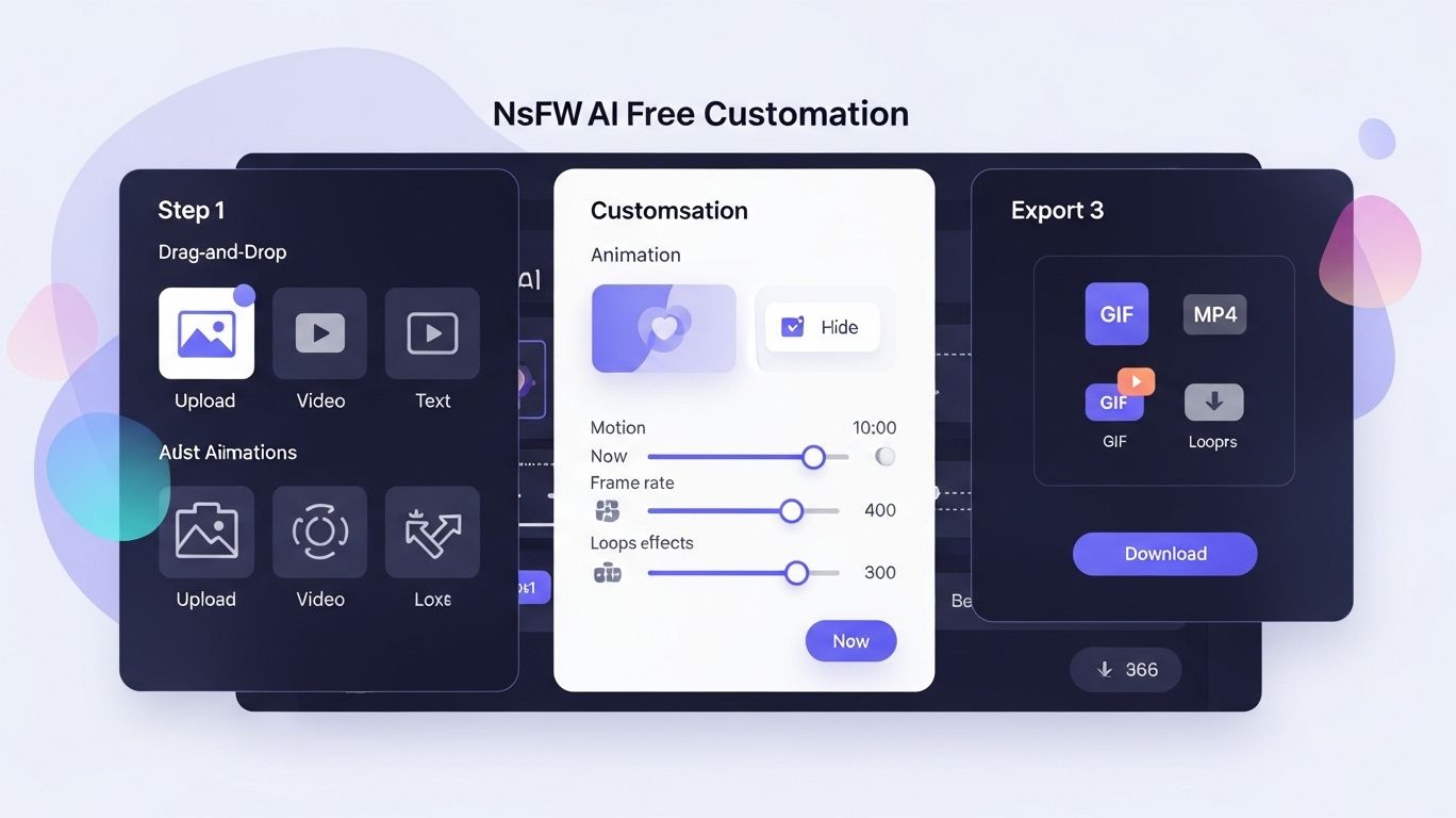 Image showing a three-step workflow for nsfw ai free tools, including uploading content, customizing animation effects, and exporting GIFs or videos using a modern AI interface.