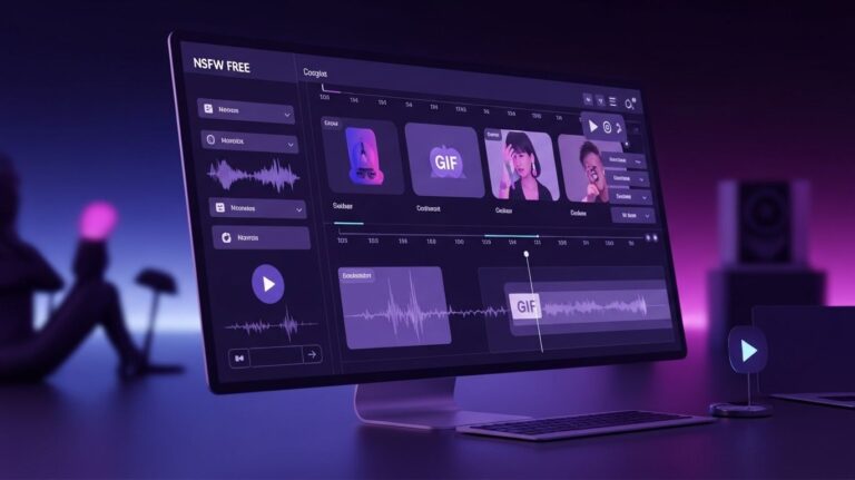 Featured image showing a futuristic AI interface for nsfw ai free tools used to create erotic GIFs and videos, with abstract visuals, animation timelines, and modern digital editing elements.