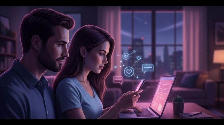 Online sex chat illustration showing anonymous adults connecting through mobile devices in a safe and private digital environment, representing intimacy, curiosity, and global adult chat interaction.