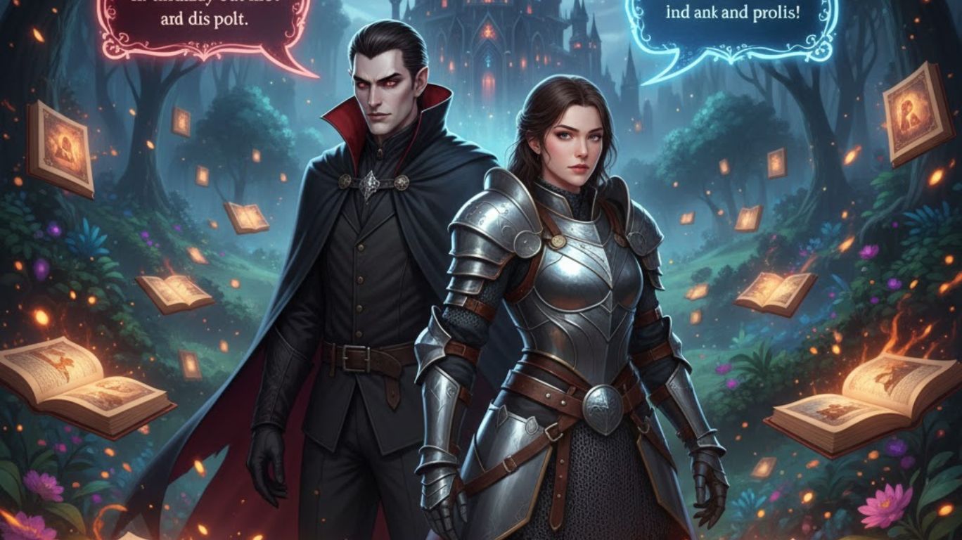 Two characters engaged in a roleplay chat: a vampire and an adventurer in a magical fantasy world with castles and enchanted forests, representing interactive storytelling and immersive roleplay chat experiences.