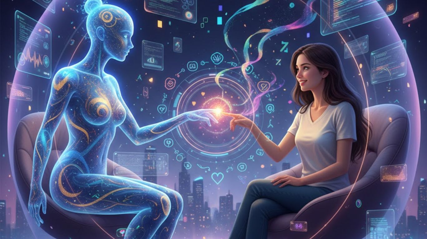 Image of Sext AI showing a futuristic virtual AI companion interacting with a human, emphasizing emotional connection, personalization, and real-time adaptability in AI technology.