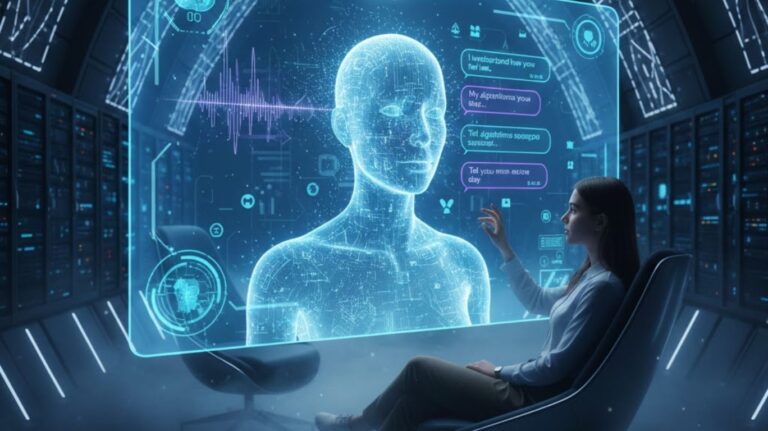 Featured image illustrating Sext AI technology, showing a futuristic AI interface communicating with a human user through a holographic chat display, representing advanced conversational and emotional intelligence in virtual companions.