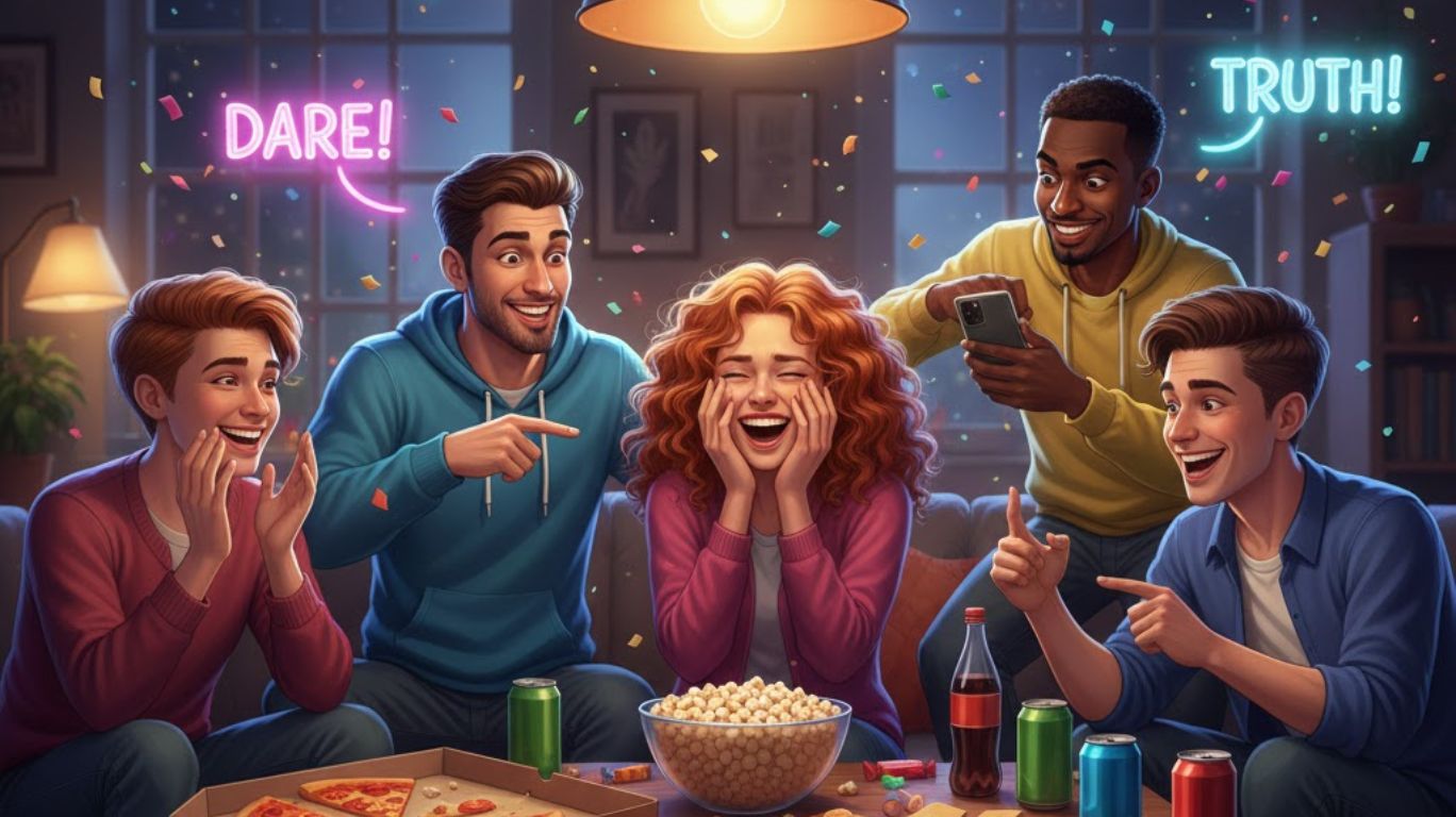 Friends playing Truth or Dares at a lively party, laughing and reacting to dares, creating a fun and engaging atmosphere with party lights and snacks