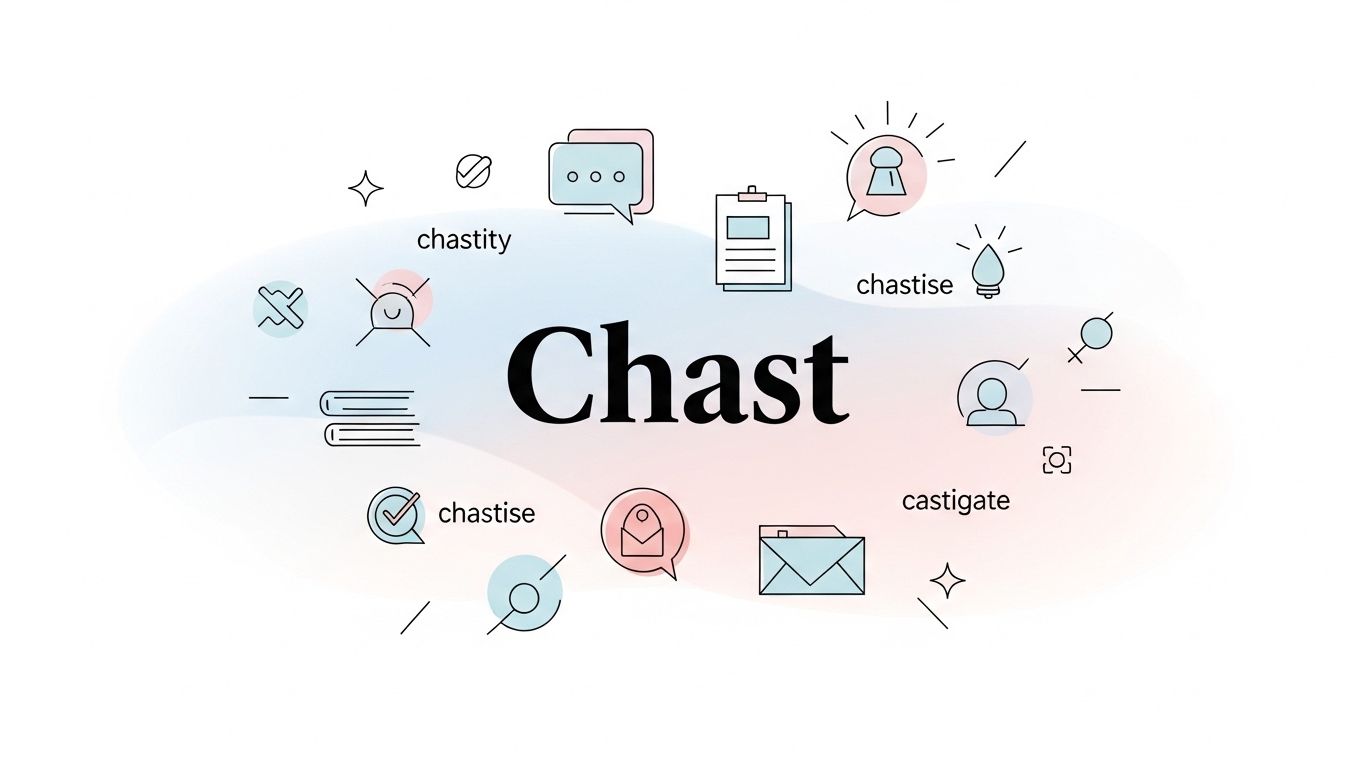 Illustration showing the modern influence of the word 'Chast' in language and culture, featuring related terms like chastity, chastise, and castigate, with symbolic and educational elements for a blog field image.