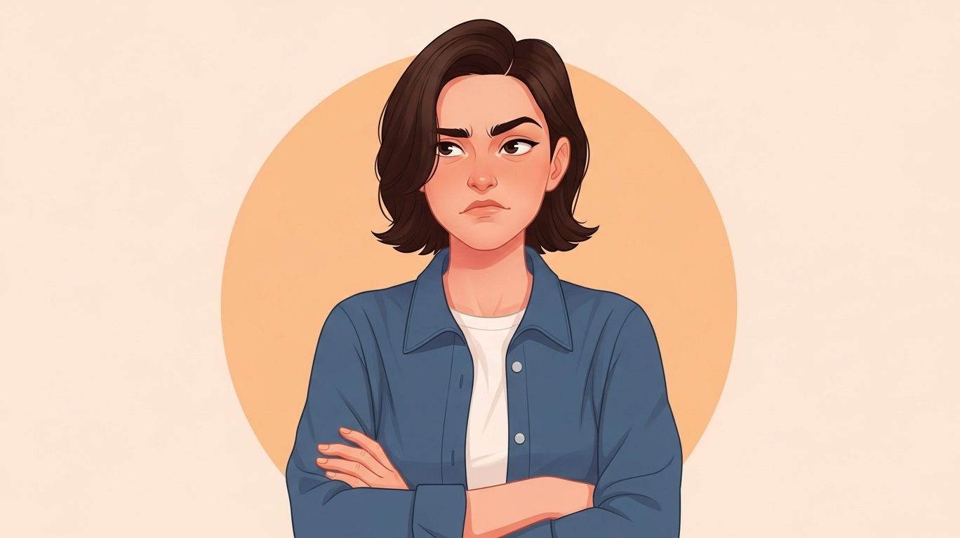 Young adult showing a subtle 'hmph' expression with crossed arms, illustrating the hmph meaning and its emotional layers like annoyance, defiance, playfulness, and mild disdain.