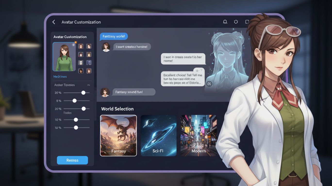 Beginner using free AI RP through a chat interface to create a character, choose a scenario, and start an AI roleplay story.