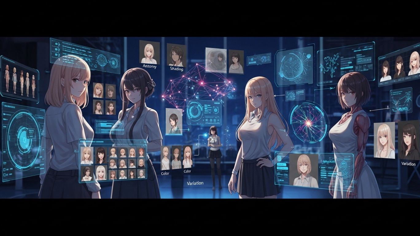 Illustration showing how artificial intelligence generates naked ai girls in anime style, featuring stylized anatomy studies, AI interface overlays, prompt variations, and futuristic digital art elements.