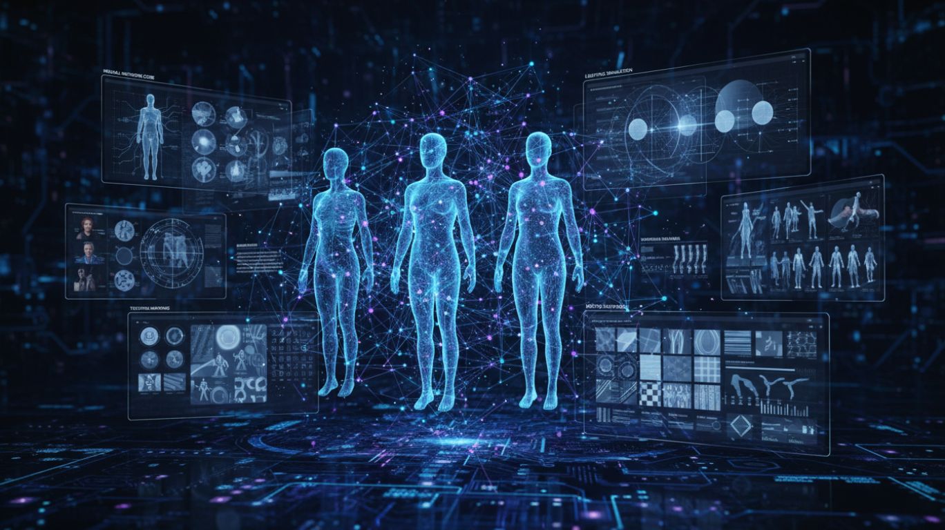 Visualization showing how free porn AI works by training on human anatomy, lighting, textures, artistic styles, and motion data using advanced AI image and video generation technology.