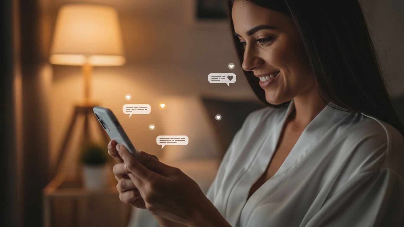 Person smiling at their smartphone while texting, representing playful and consensual communication with a sexting companion, highlighting digital chemistry and connection.