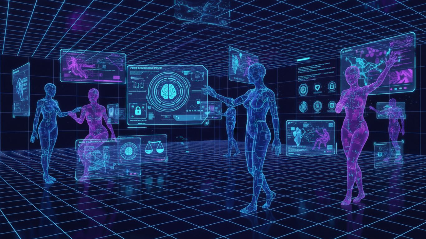 Futuristic visualization of the future of free porn AI, showing AI characters, VR-integrated experiences, interactive animated systems, ethical design, and privacy-focused AI technology.